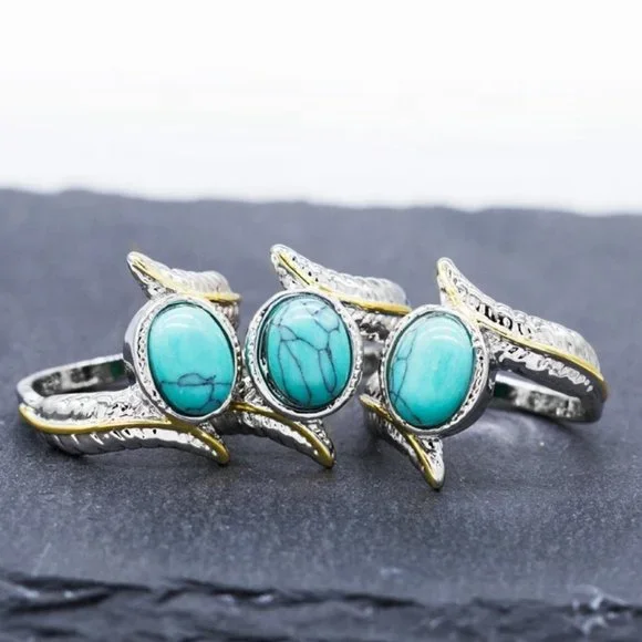 💝925 Silver Plated Green Turquoise Leather Shape Cut Ring, GPMB1514 - Picture 2 of 6